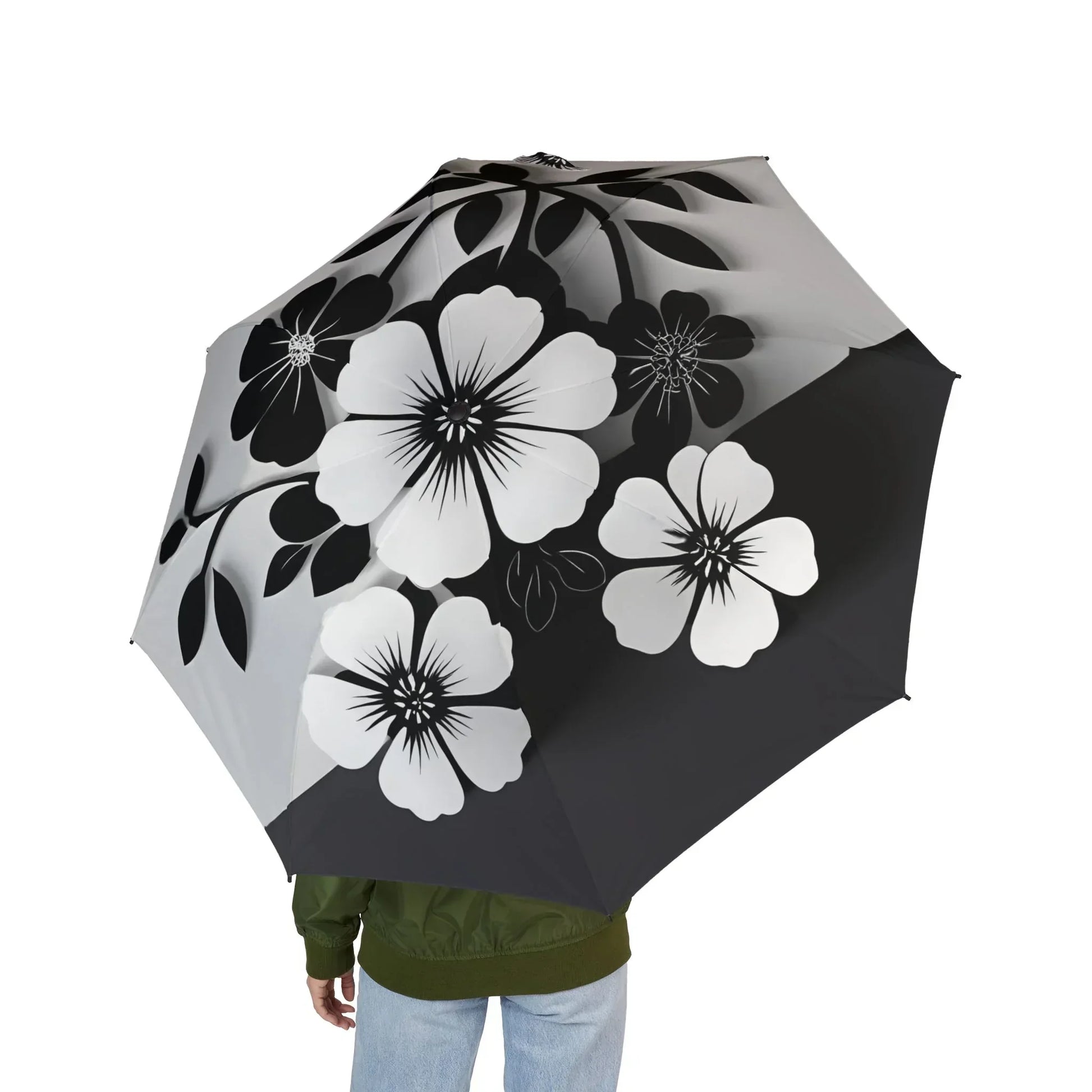 Stylish Semi-Automatic Foldable Umbrella with Black and White Floral Pattern - KarArmDesign
