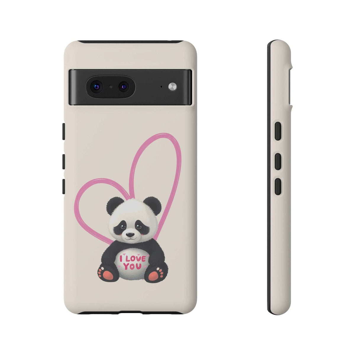 Cream phone case with panda heart design on back and slim side view