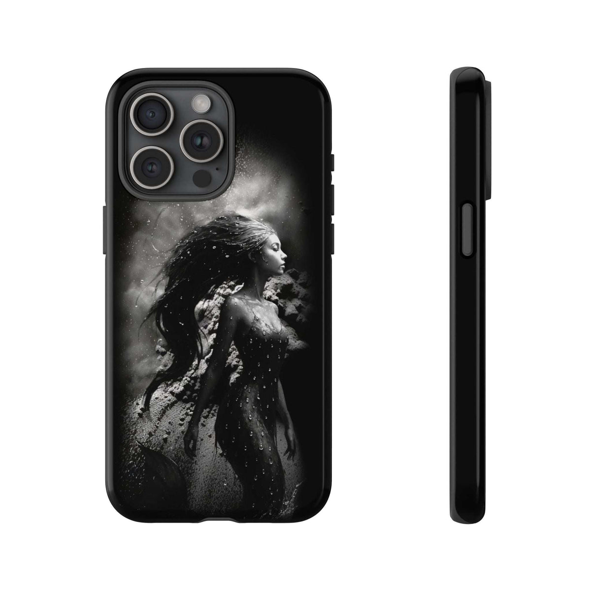 Monochrome mermaid phone case with black back and camera cutouts, front and thin side view