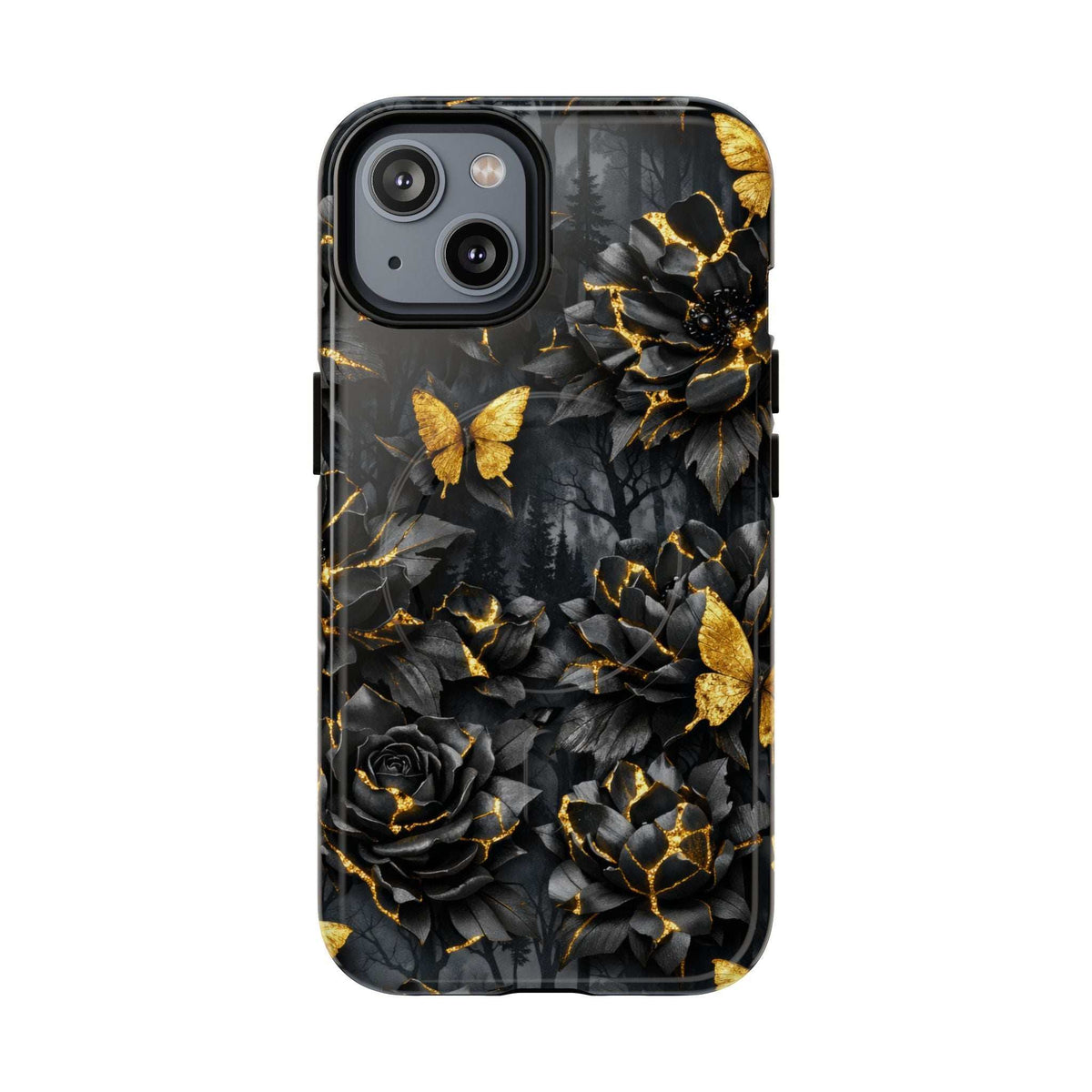 Phone case with black roses and gold butterfly motifs, framed by golden crack accents