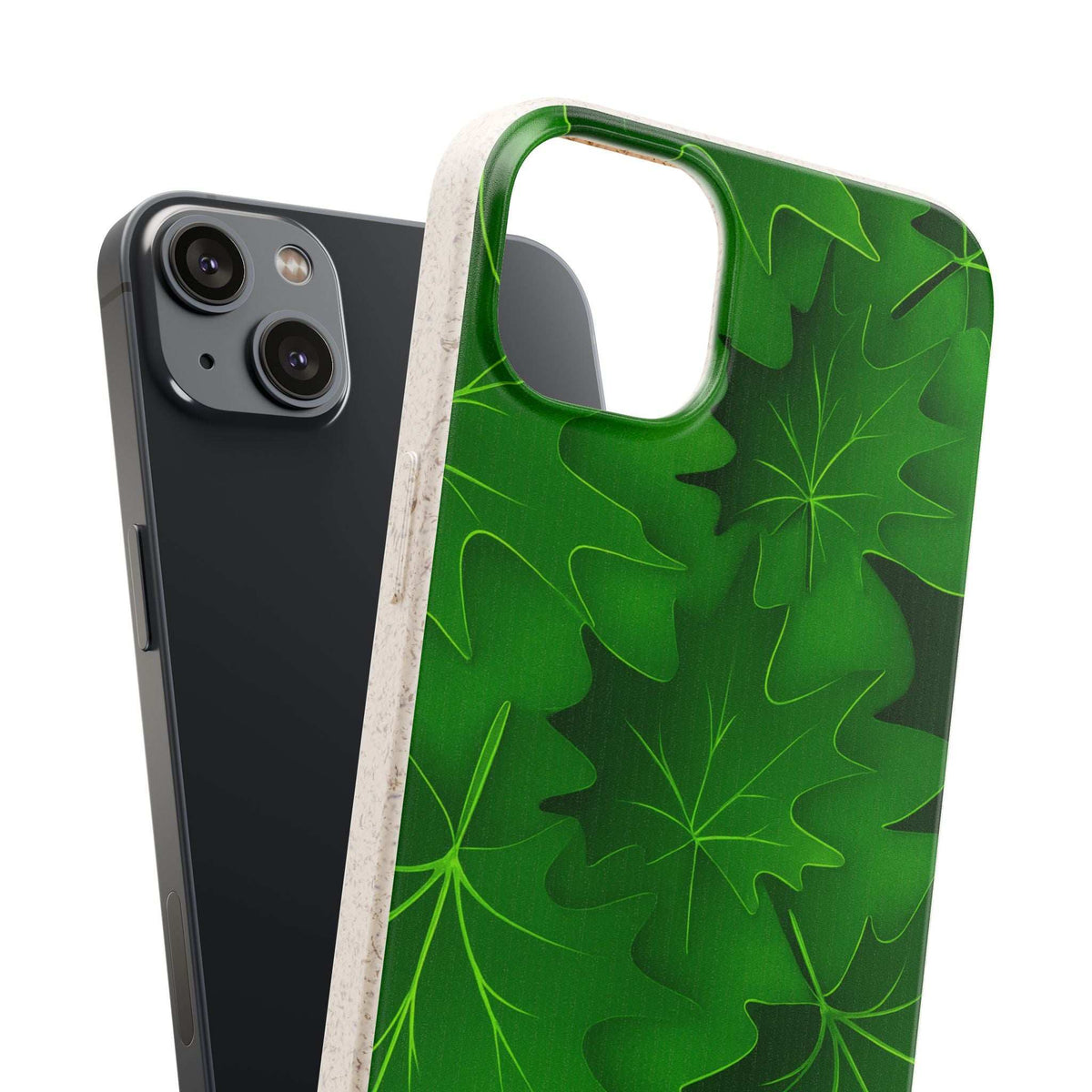Green botanical leaf phone case with front cutout window, shown beside a dark case