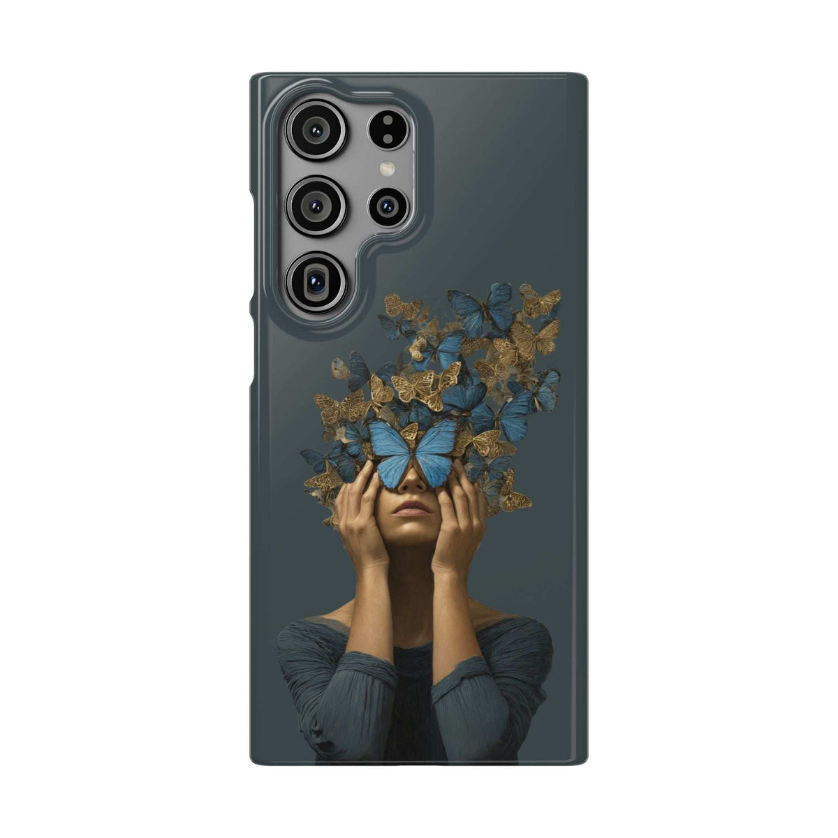 Phone case with dark blue butterfly-and-gold branch art; four camera cutouts visible