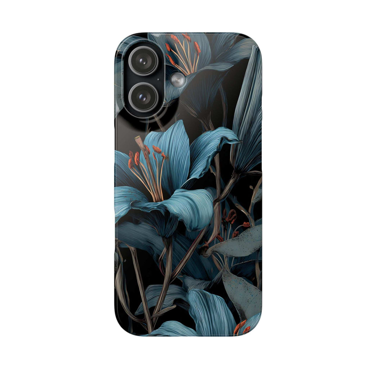 Blue botanical phone case with large circular triple camera cutout and floral print