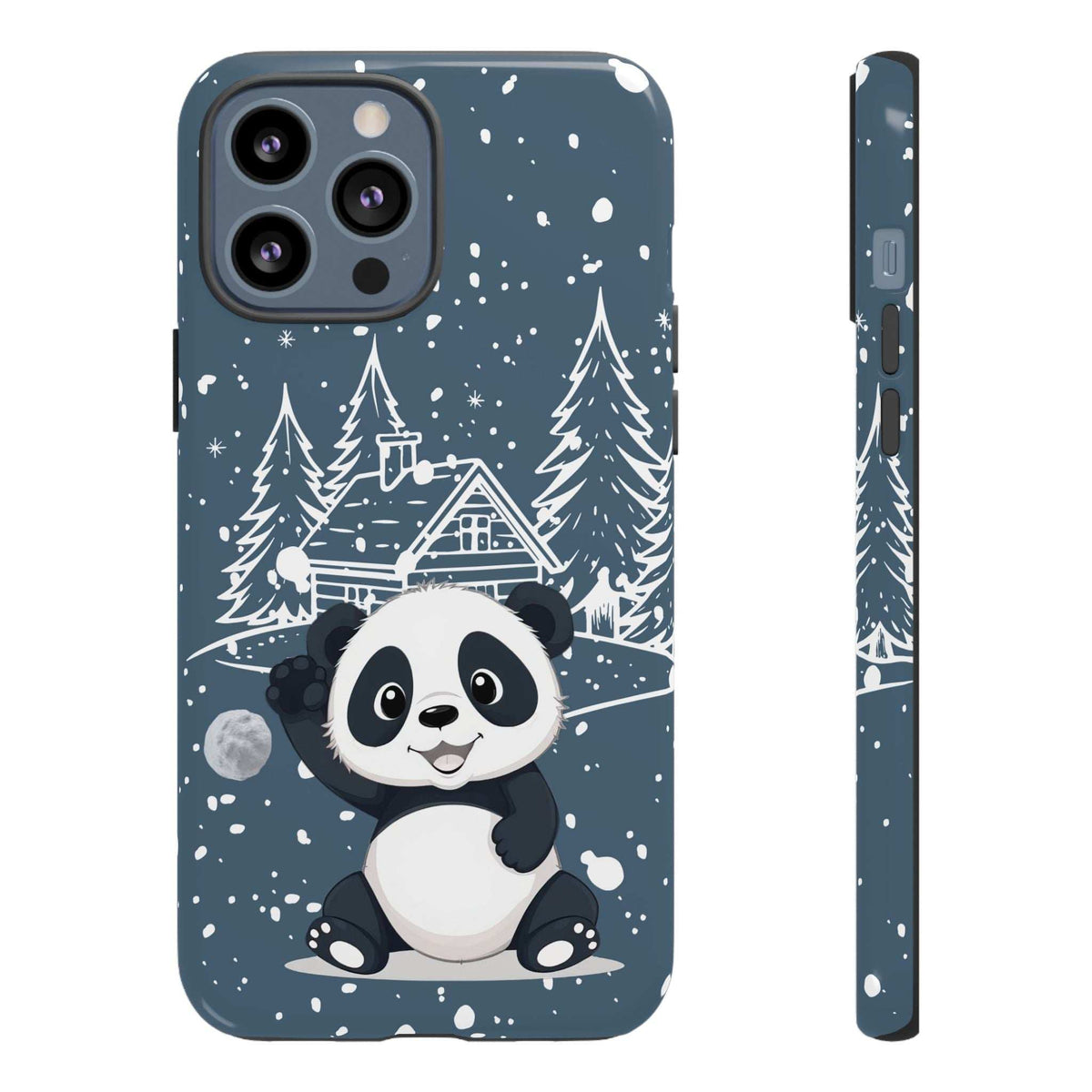 Dark blue panda winter phone case with snowy trees, cabin, and scattered snow