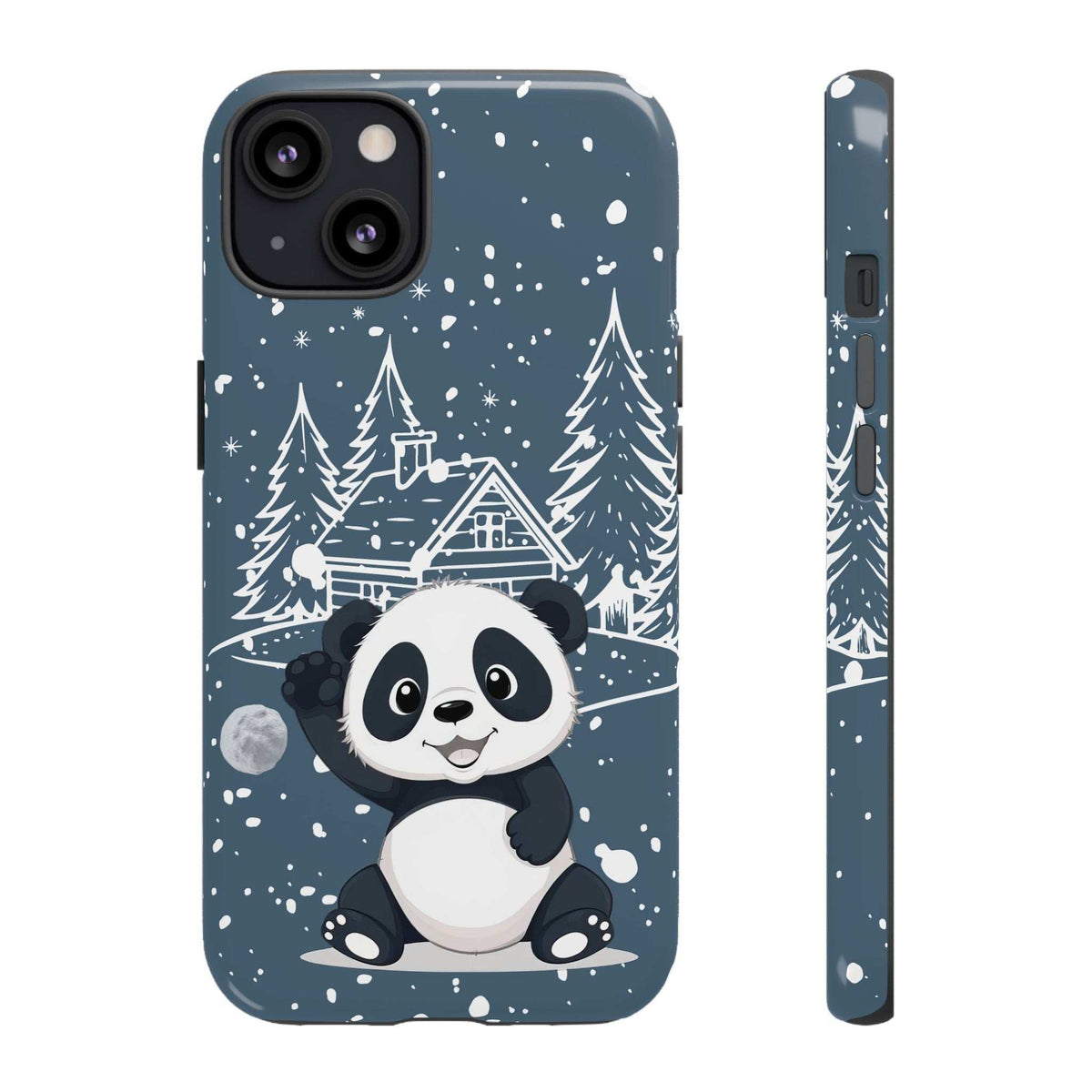 Dark blue phone case with panda in snowy forest and cabin, camera and side cutouts.