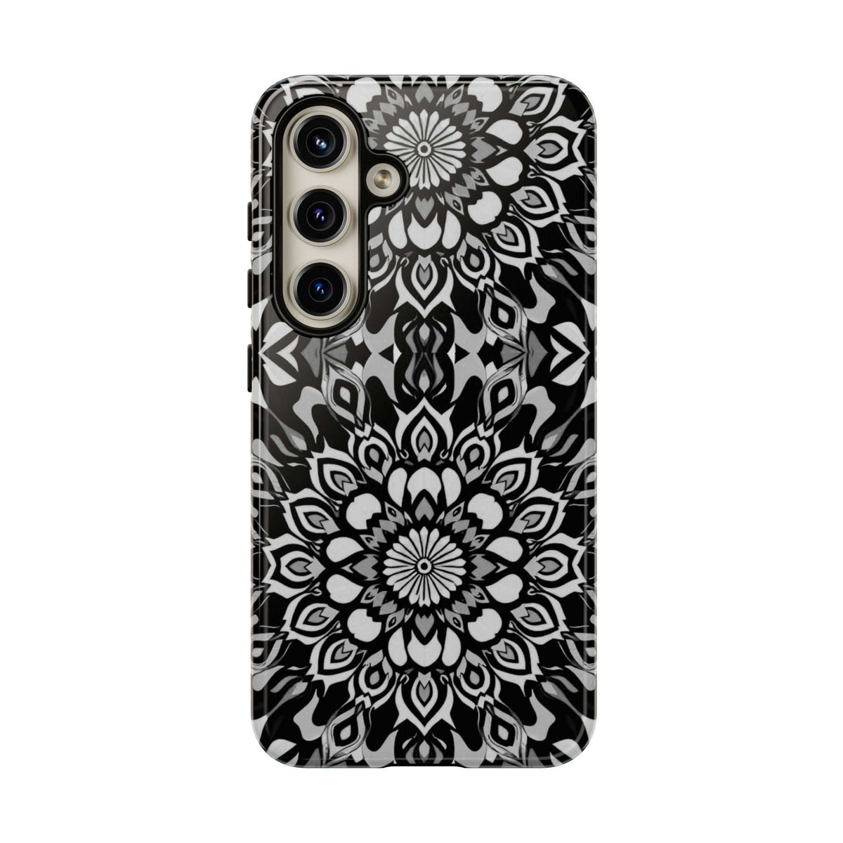 Black and white mandala phone case with camera cutouts; raised edges around lenses