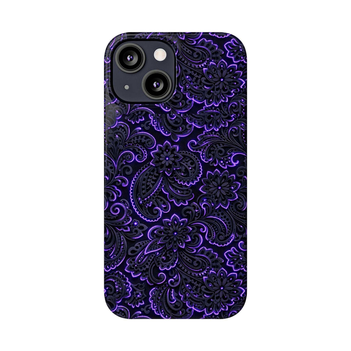 Neon purple paisley phone case with black camera cutouts and raised lip