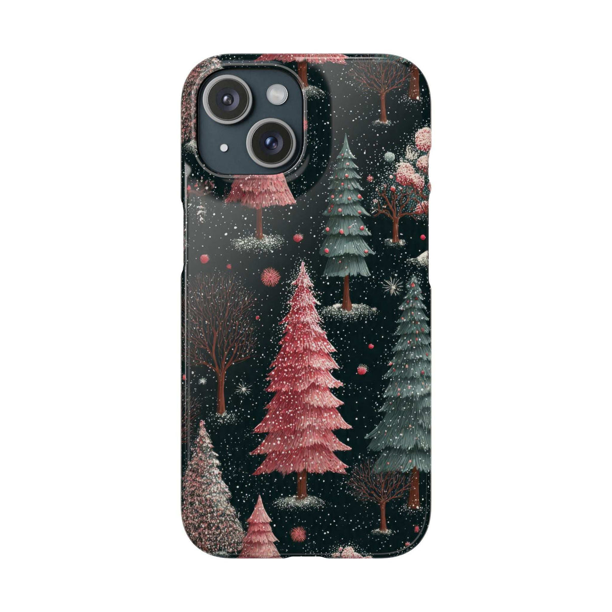 Glossy phone case with dark winter forest and pink Christmas trees pattern