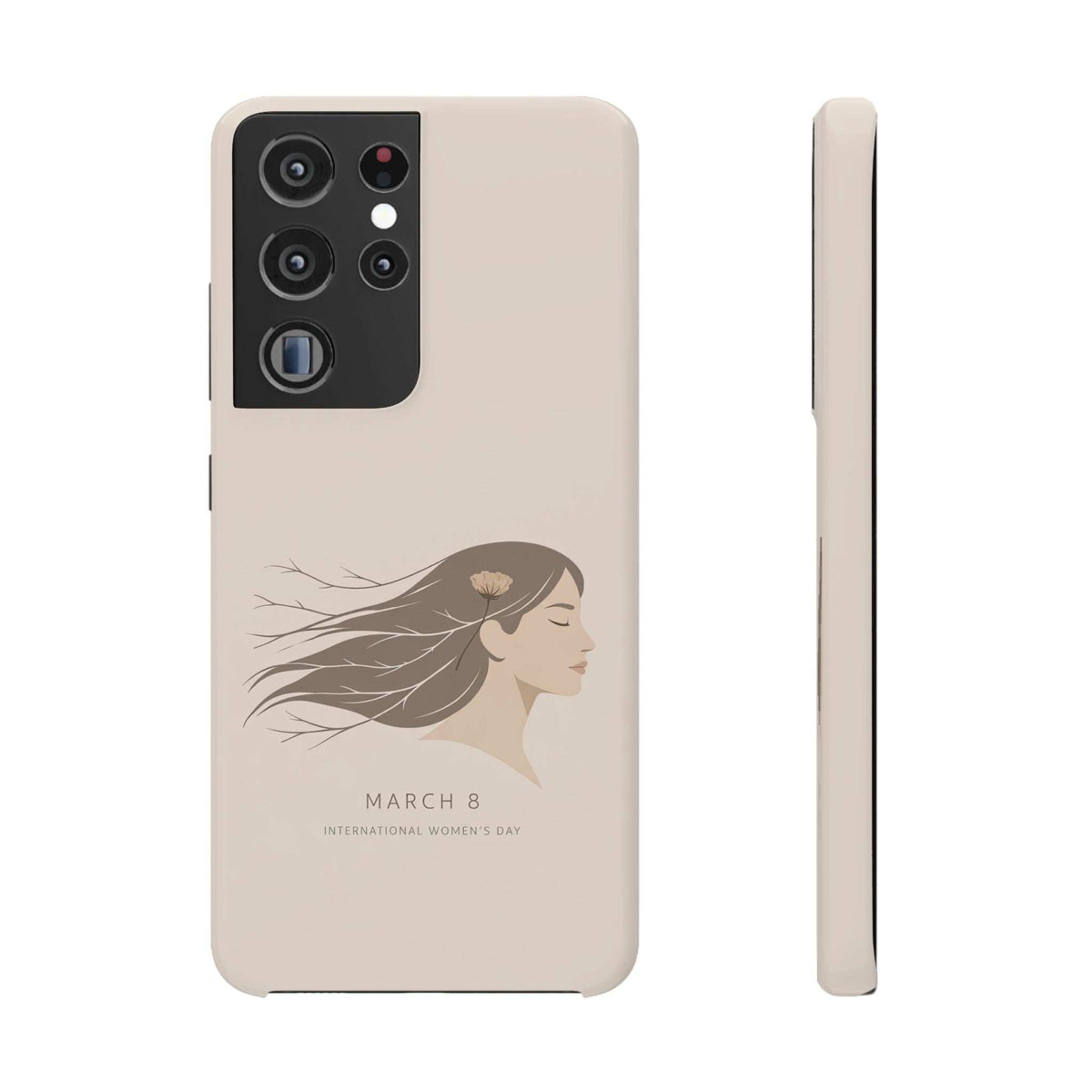 Light beige phone case with World Women's Day profile graphic and multi-camera cutout