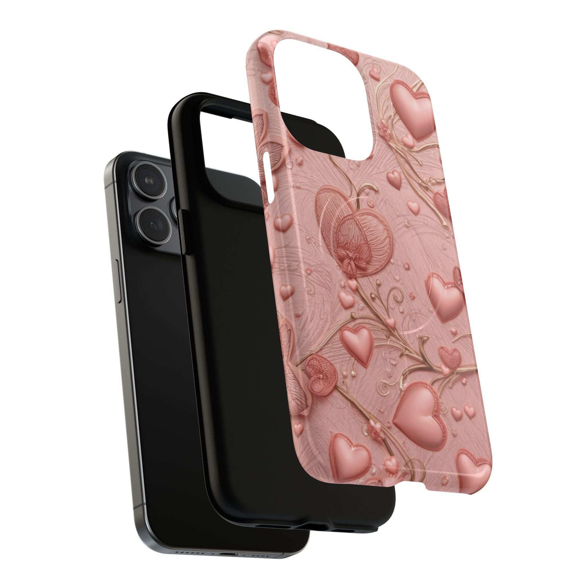 Pink phone case with textured hearts, flowers, and vine pattern plus camera opening