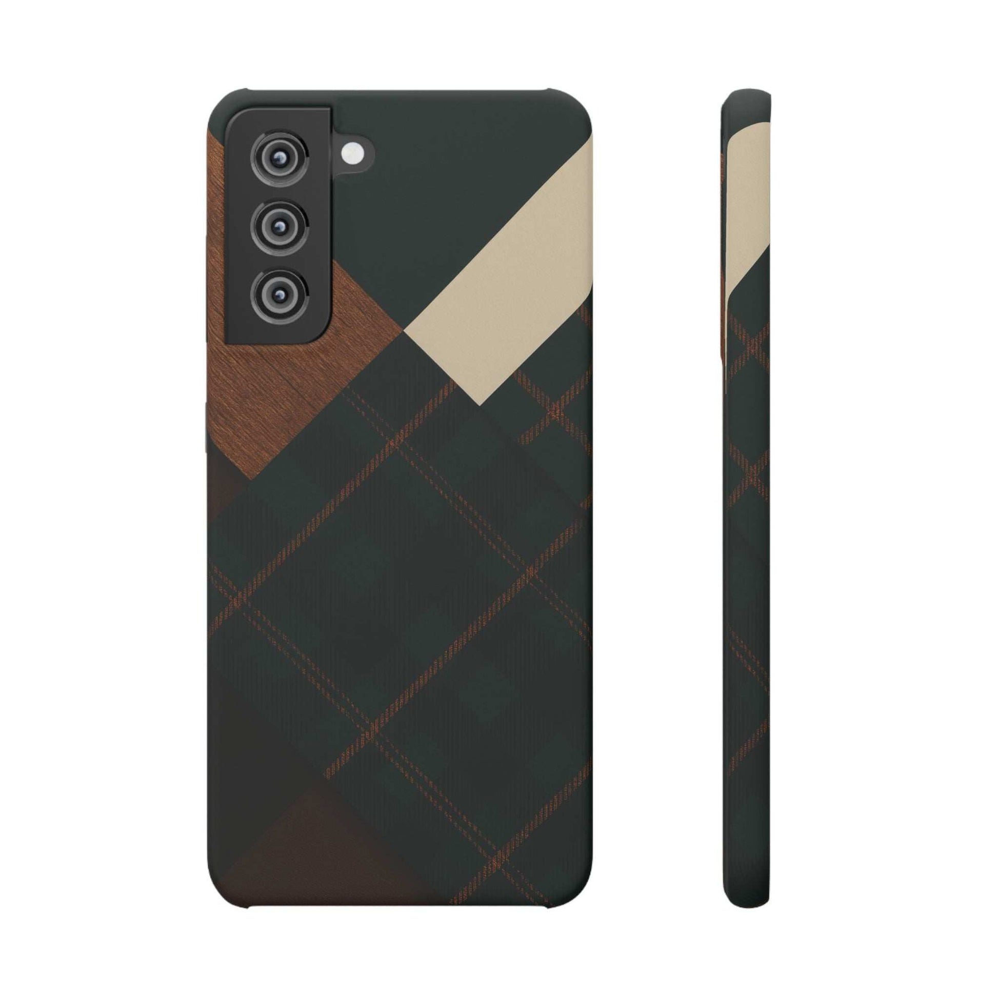 Dark green phone case with wood panel and plaid diamond pattern; front and side views.