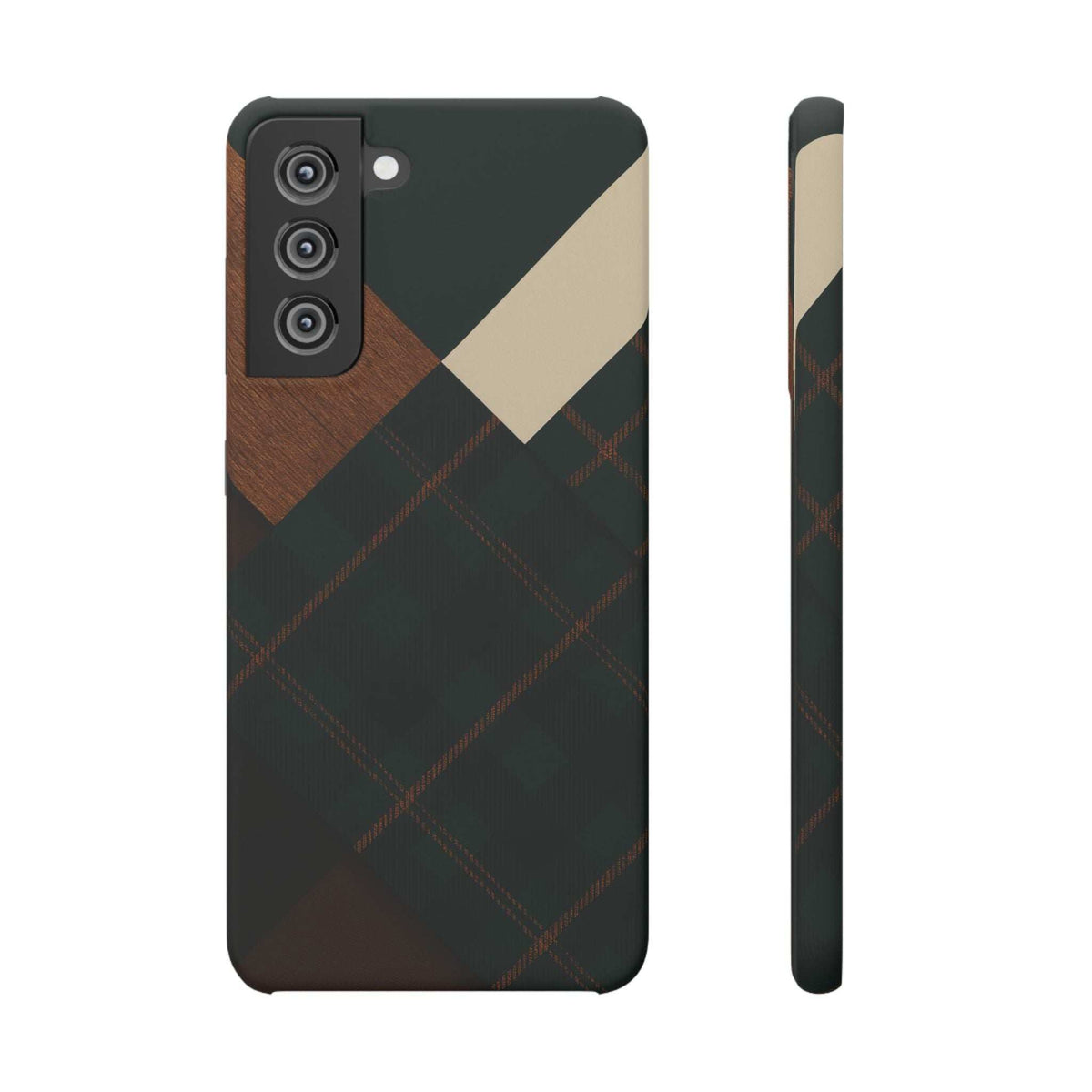Dark green phone case with wood panel and plaid diamond pattern; front and side views.