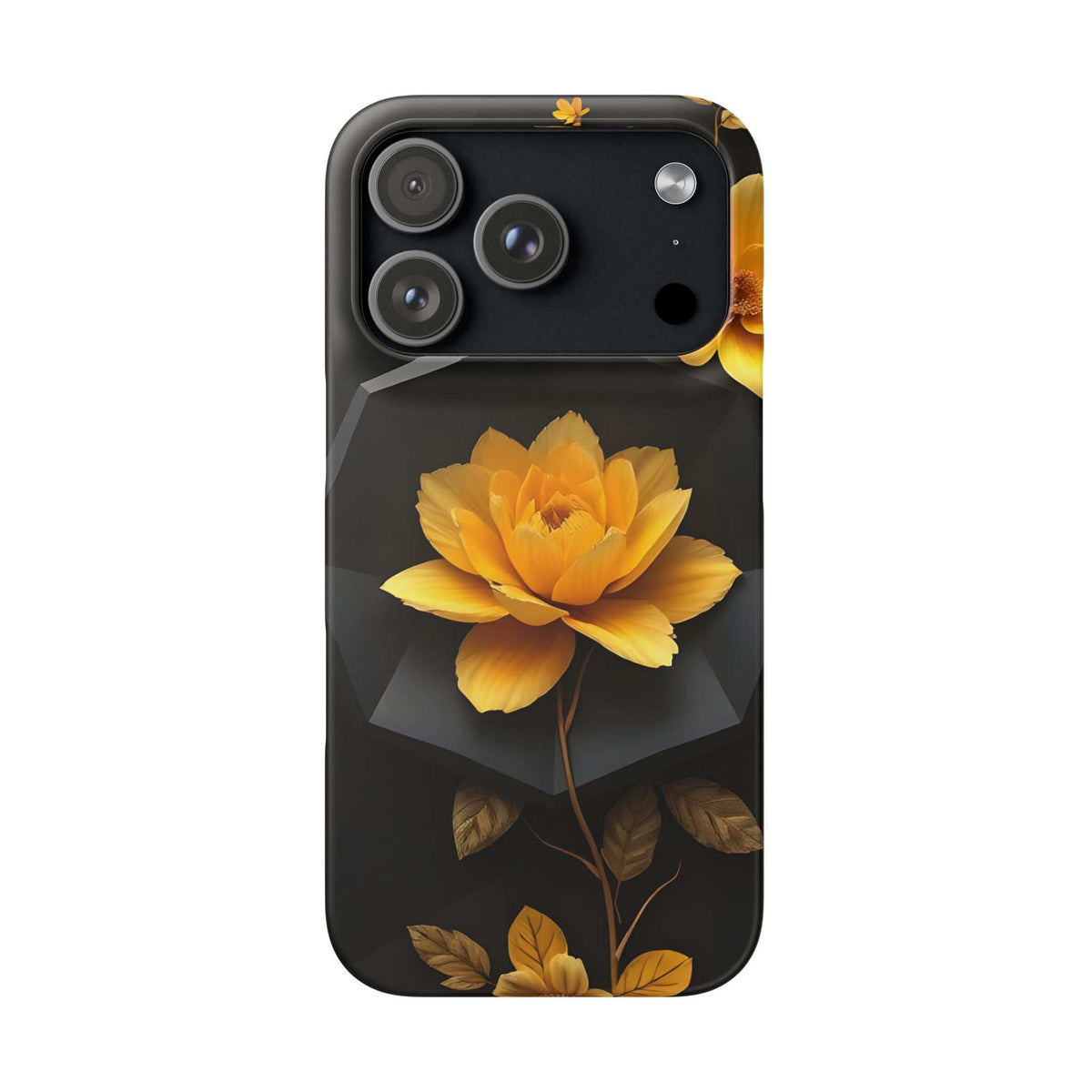 Black phone case with yellow flower and leaves, camera cutouts and flash opening