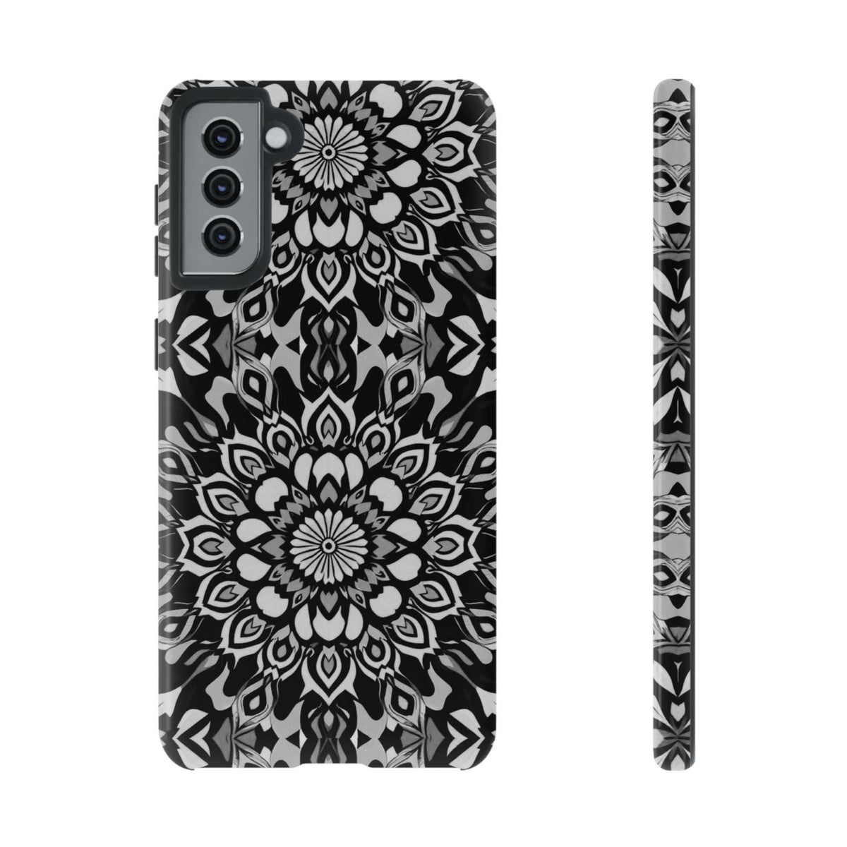Mandala phone case with black-and-white mandala print and long narrow side profile