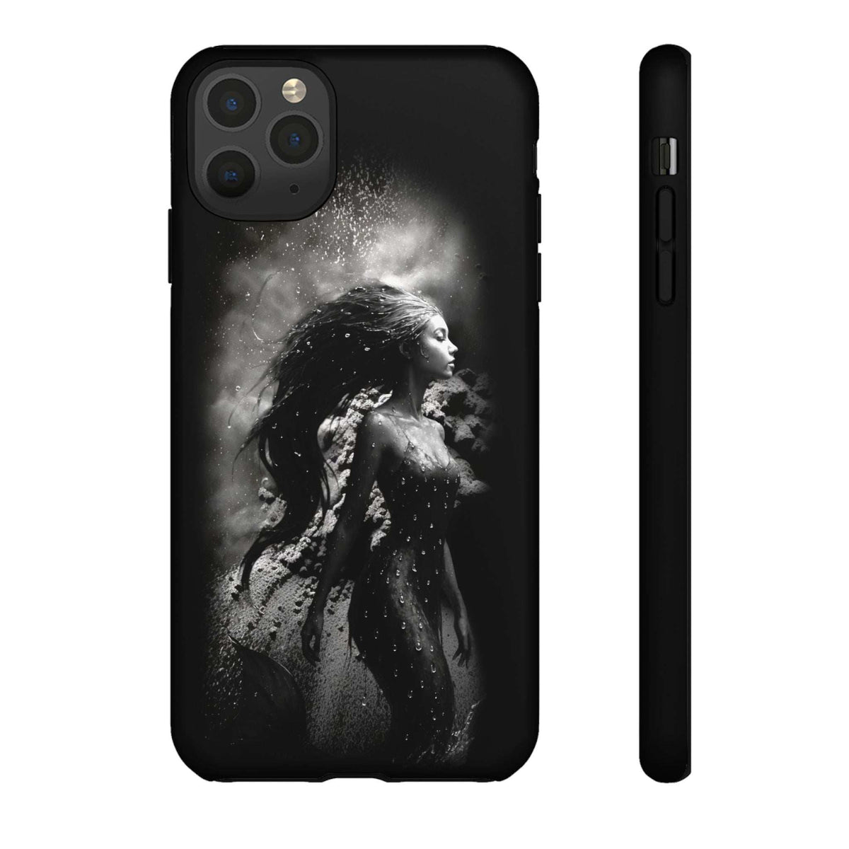 Black phone case with monochrome mermaid portrait; rear cameras and flash openings