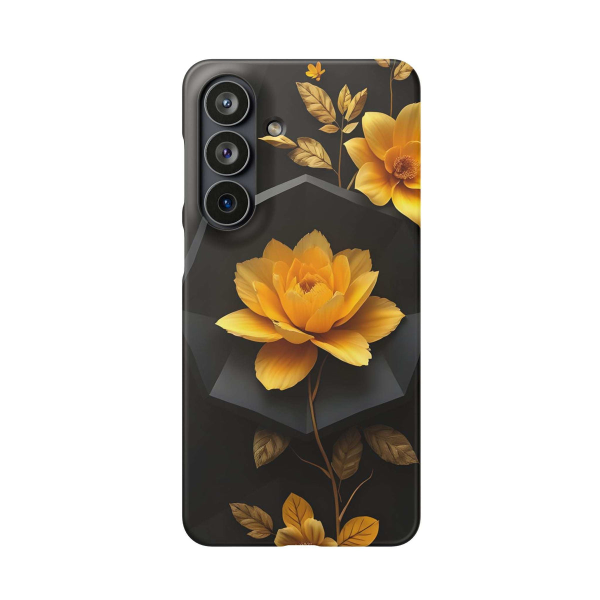Phone case featuring a yellow flower and gold foliage on dark base with camera openings.