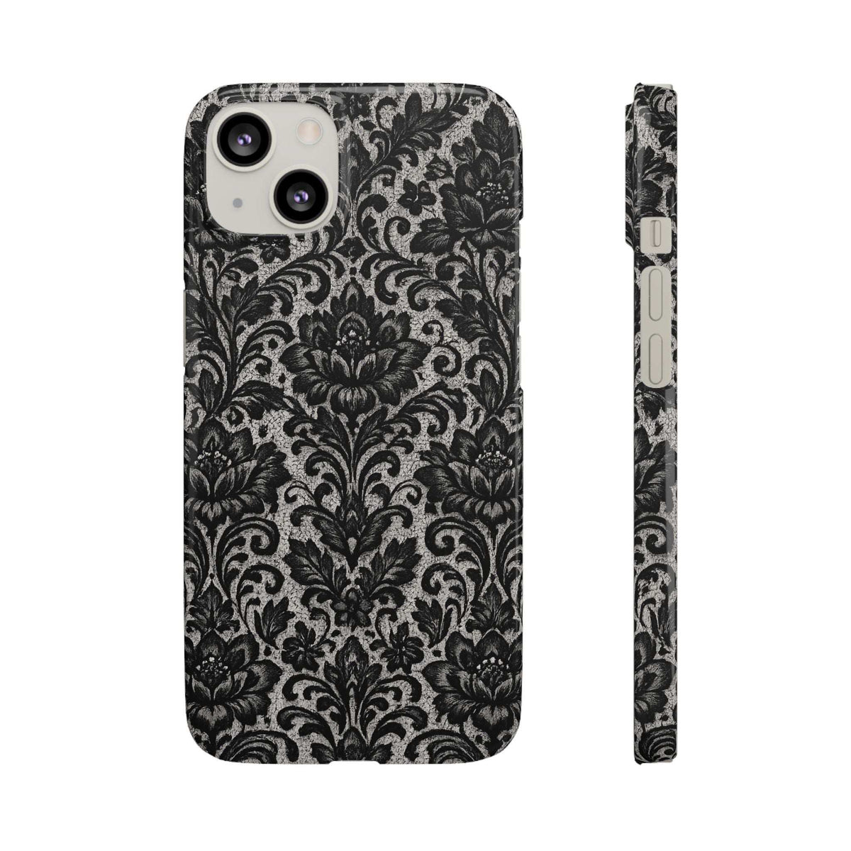 Damask floral phone case with cutout for camera, black and gray ornate pattern