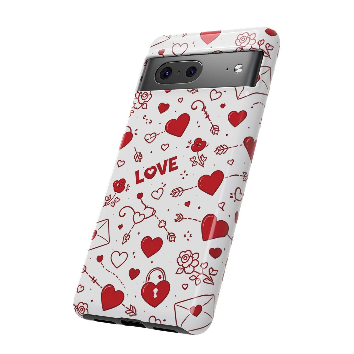 White phone case with red hearts and LOVE text; angled view of camera cutout