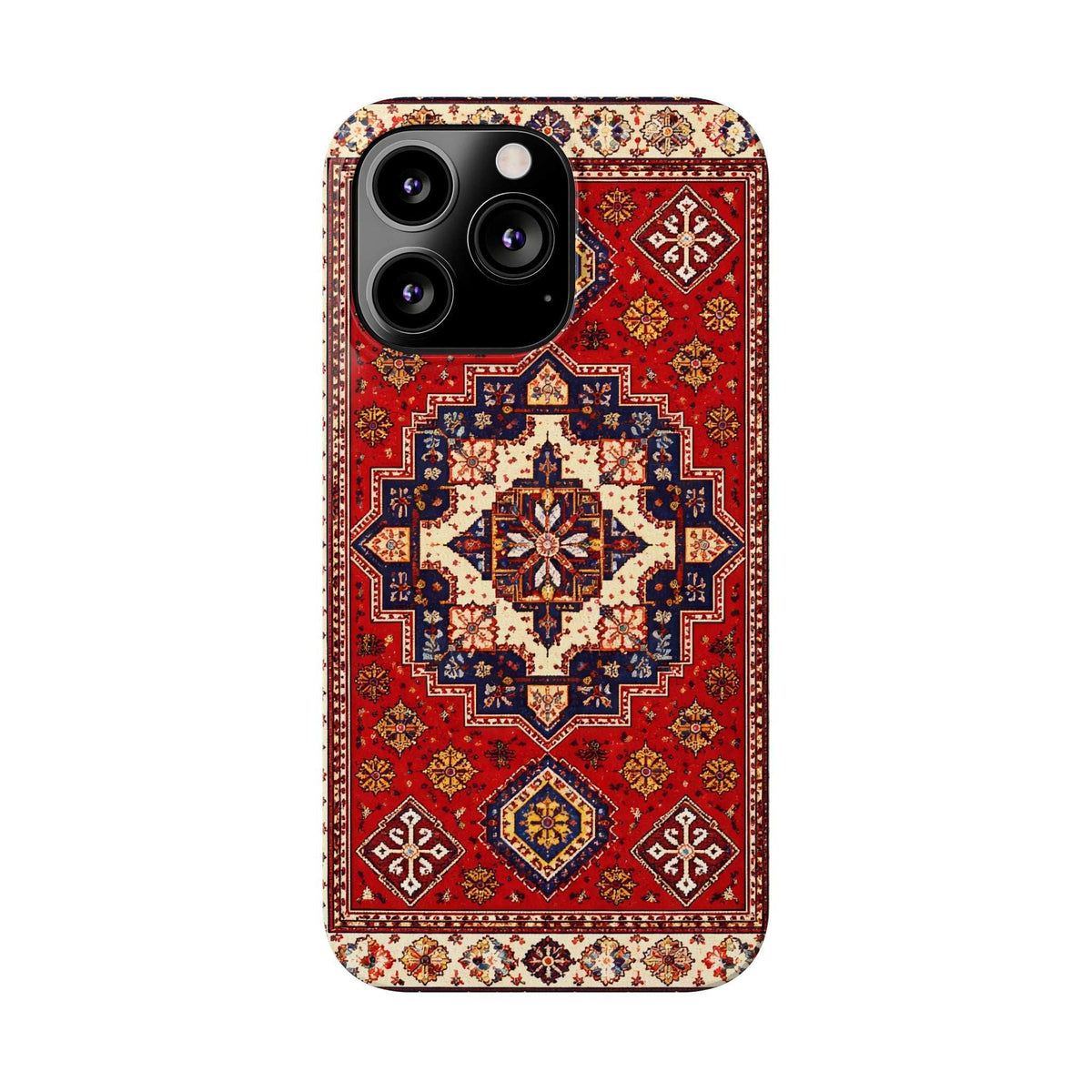 Red ornamental patterned phone case with camera cutouts and centered medallion design.