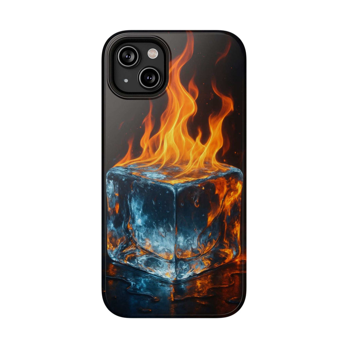Flame ice phone case with black background, fiery orange flames over blue ice skull