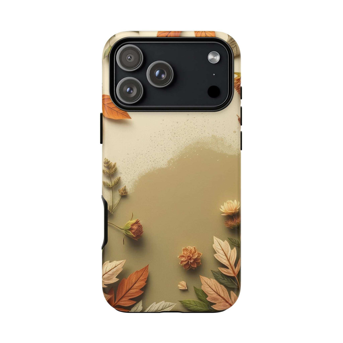 Phone case with beige autumn foliage design and raised camera housing