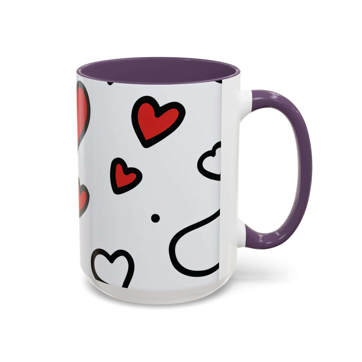 Heart-accent coffee mug, white with red hearts, purple rim and handle