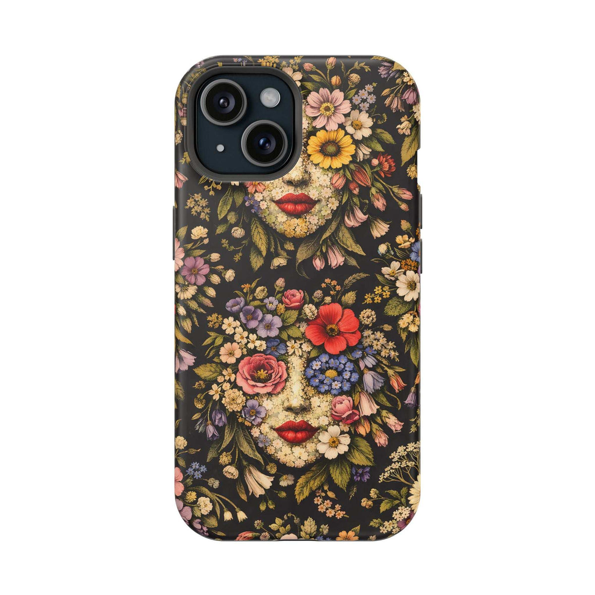iPhone phone case with vintage floral face motif, dark background, visible dual camera area