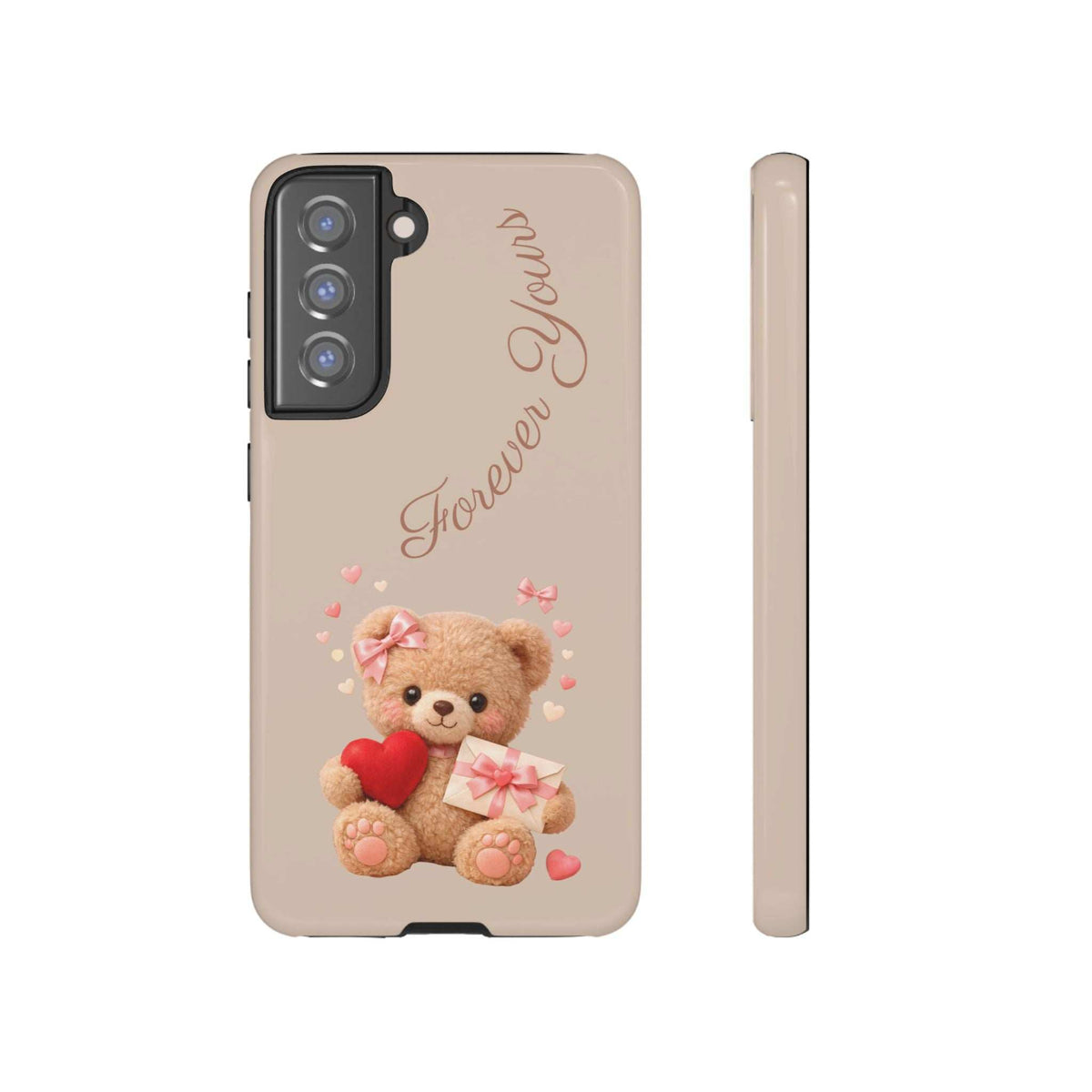 Beige phone case with teddy bear holding a red heart, bows, hearts, and “Forever Yours” script