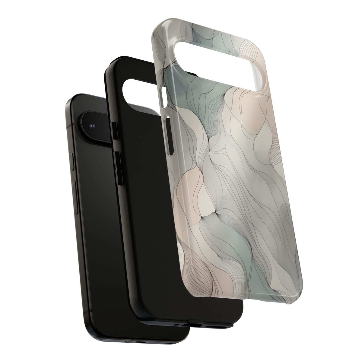Pastel wave phone case featuring light blue and cream flowing wave artwork with clear frame