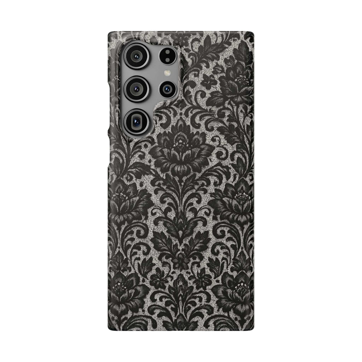 Damask floral phone case, back view, dark gray/black with four camera openings