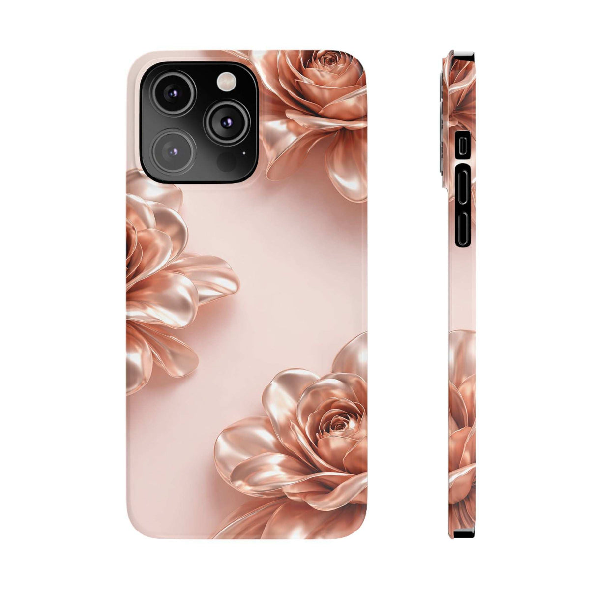 Blush pink phone case with metallic rose pattern and side button cutouts
