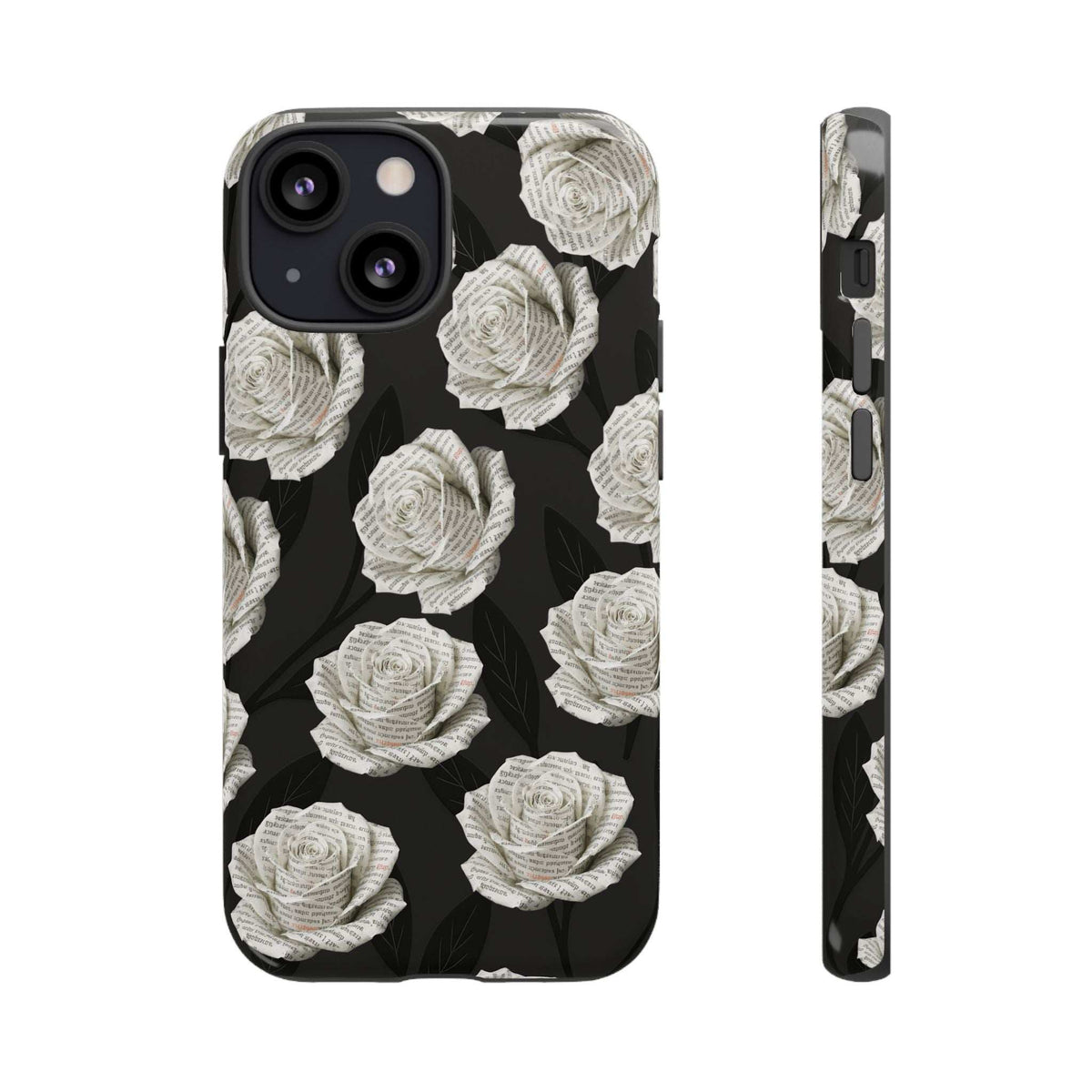 Phone case featuring white roses on black, with camera cutout and textured rim