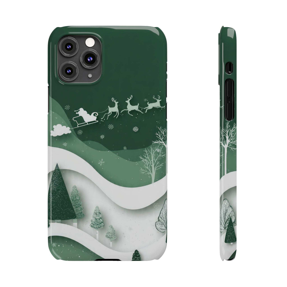 Green phone case with reindeer and sleigh over snowy wave design; side profile
