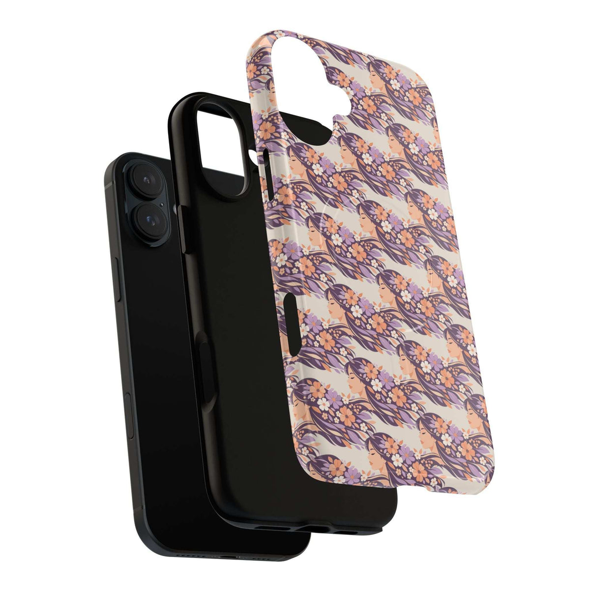 Pastel floral phone case for iPhone 13-17, angled view, camera cutout