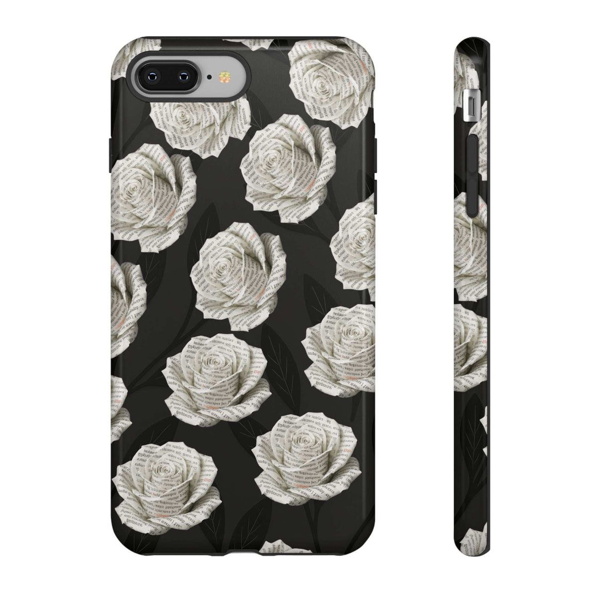 Phone case with black background and white rose pattern, front and side view