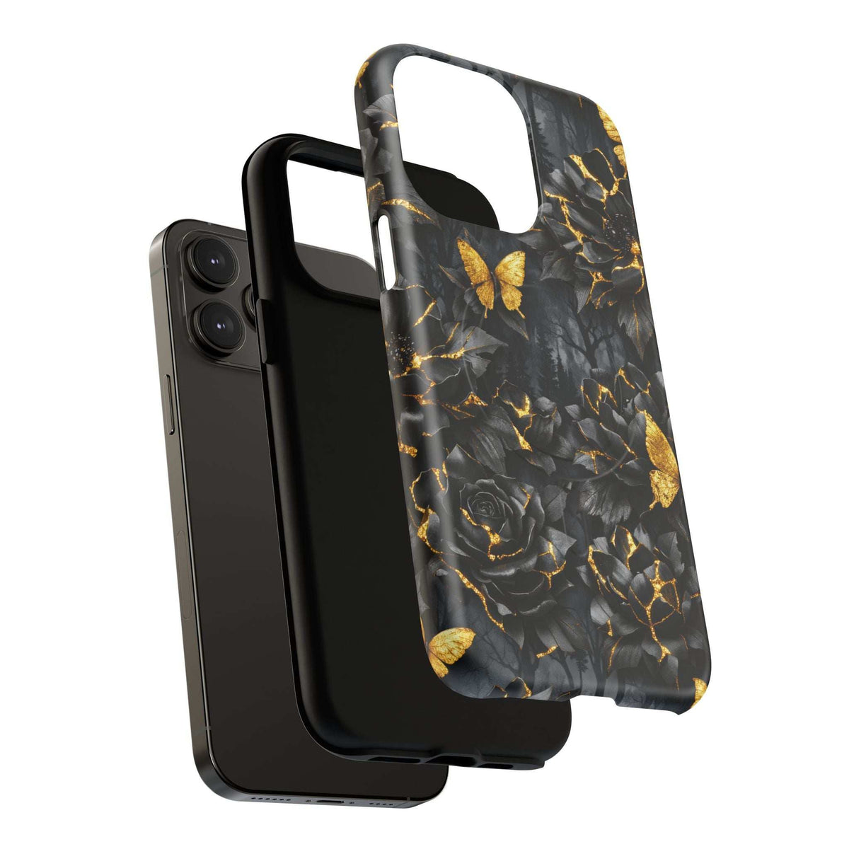 Black phone case with gold crackle vines, roses, and butterfly motif; precise cutouts.
