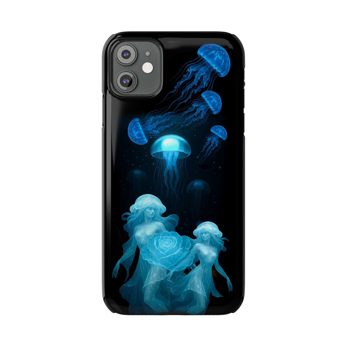 Black phone case with blue jellyfish and glowing rose graphic on the back