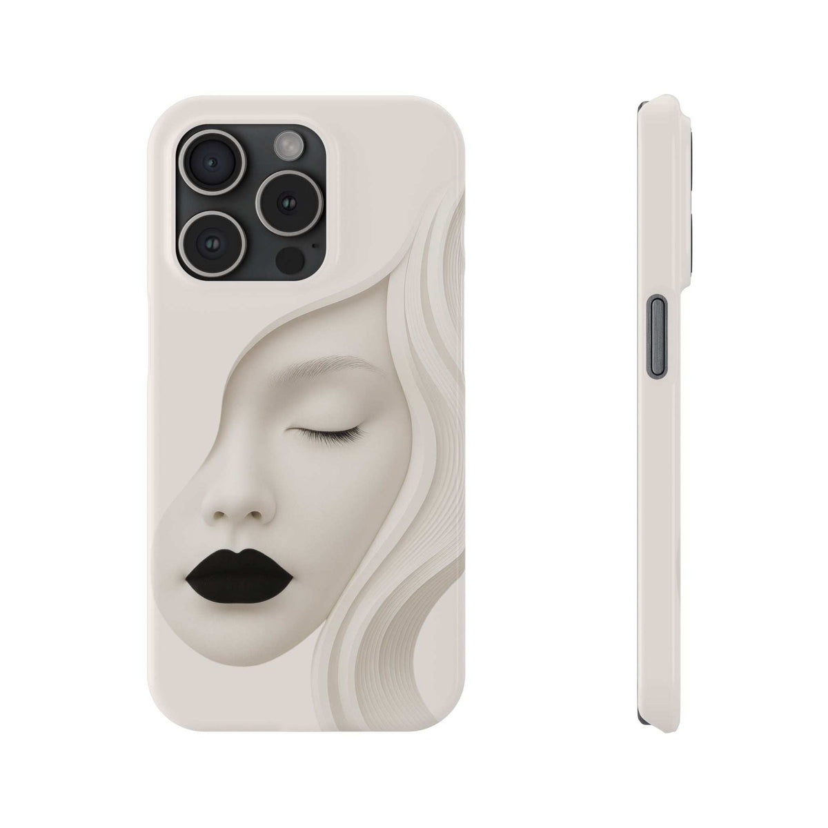 Light beige phone case with minimalist closed-eye face illustration; front and side profiles.