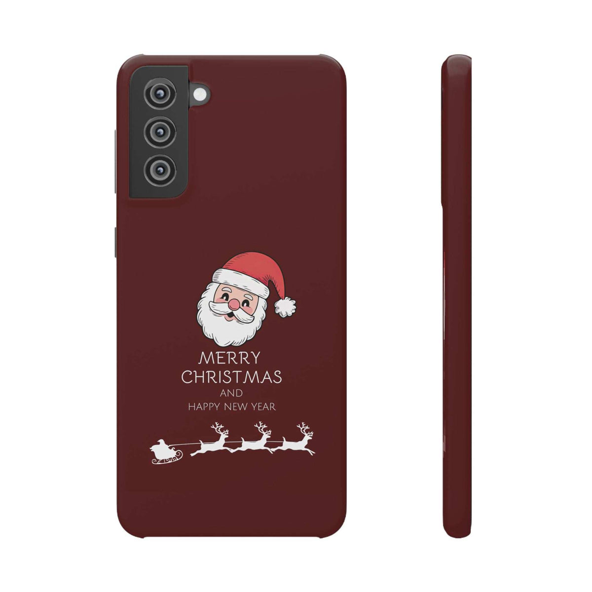 Glossy maroon phone case front with Santa face, Merry Christmas, Happy New Year, and camera cutout.