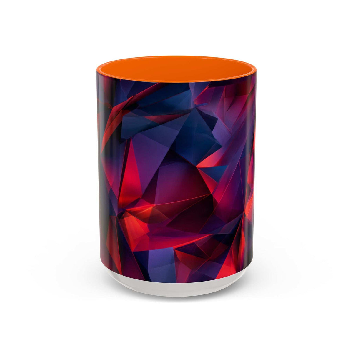 Ceramic mug with geometric red and navy abstract wrap; bright orange top and white base ring