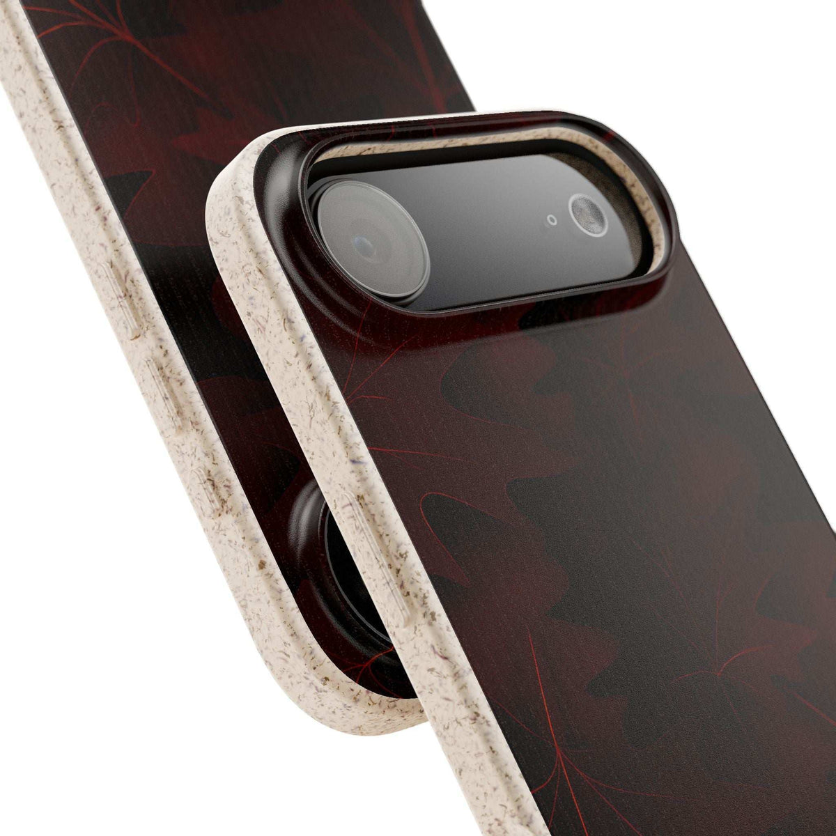 Dark phone case with red leaf pattern and raised dual camera cutout