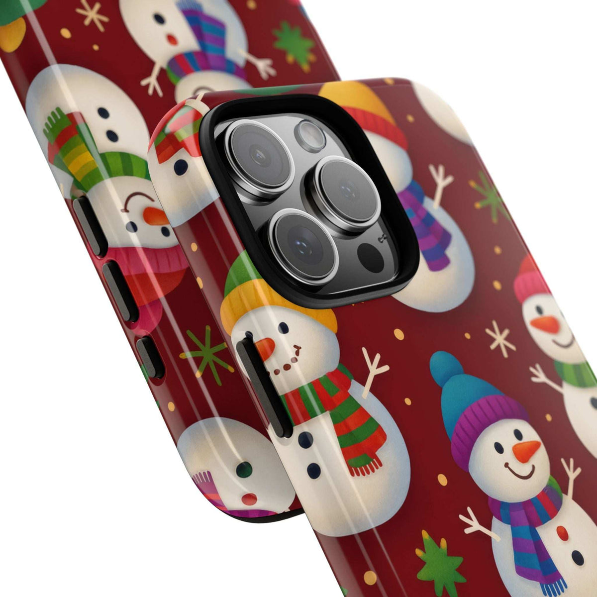 Glossy phone case with colorful snowman parade pattern and camera cutout