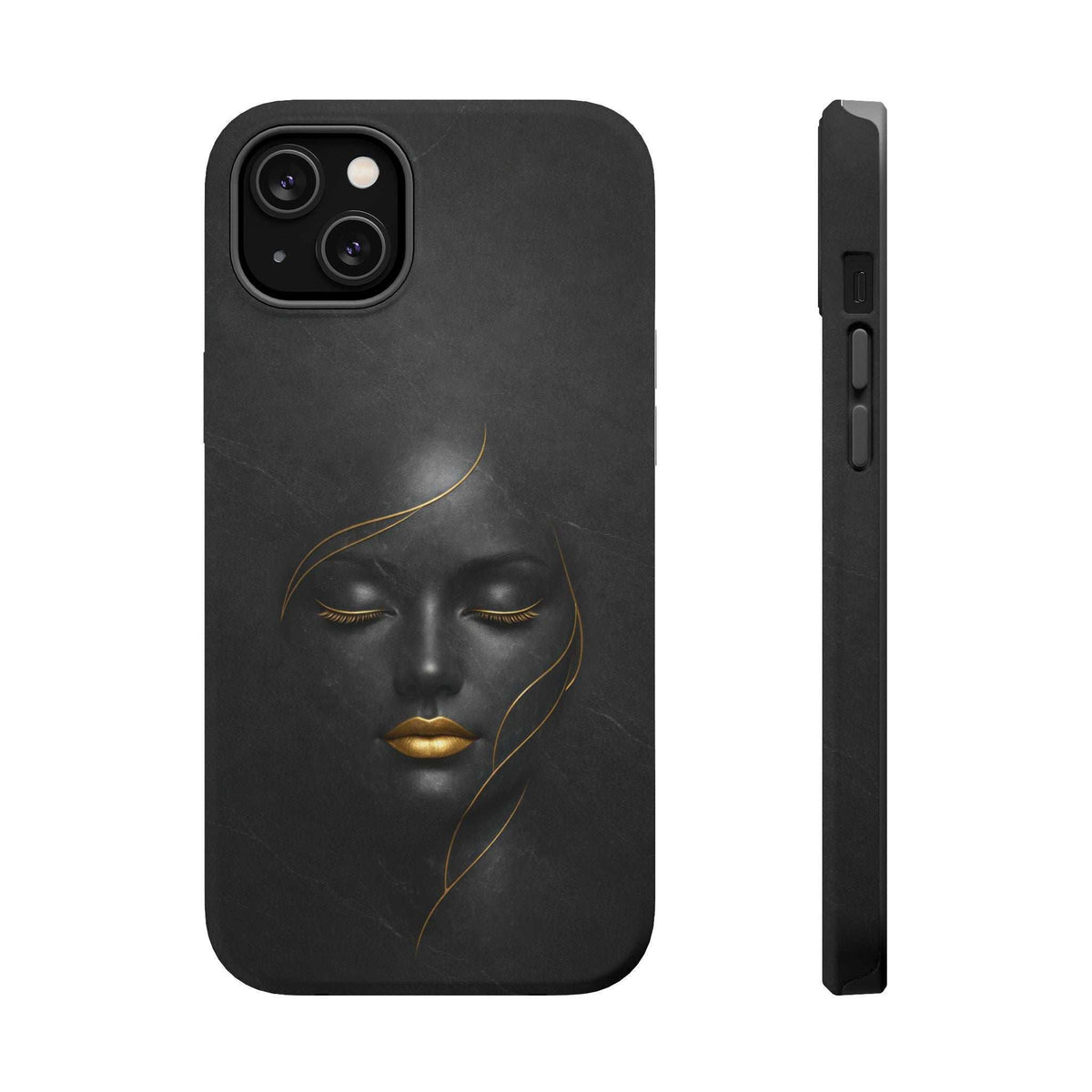 Black phone case featuring gold lips and eyes illustration; side view shows openings.