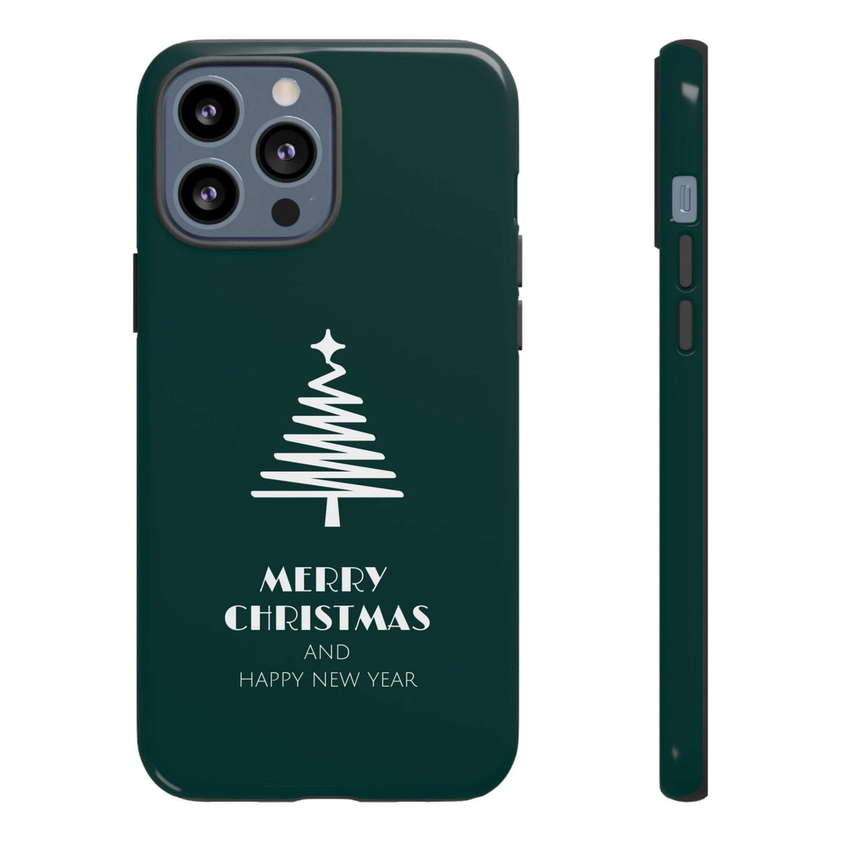 Dark green glossy phone case with Christmas tree graphic and "Merry Christmas"