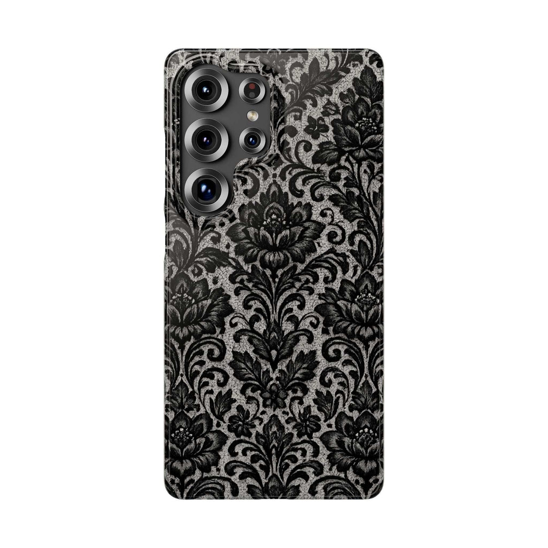 Damask floral phone case with raised camera cutouts, black and gray damask design