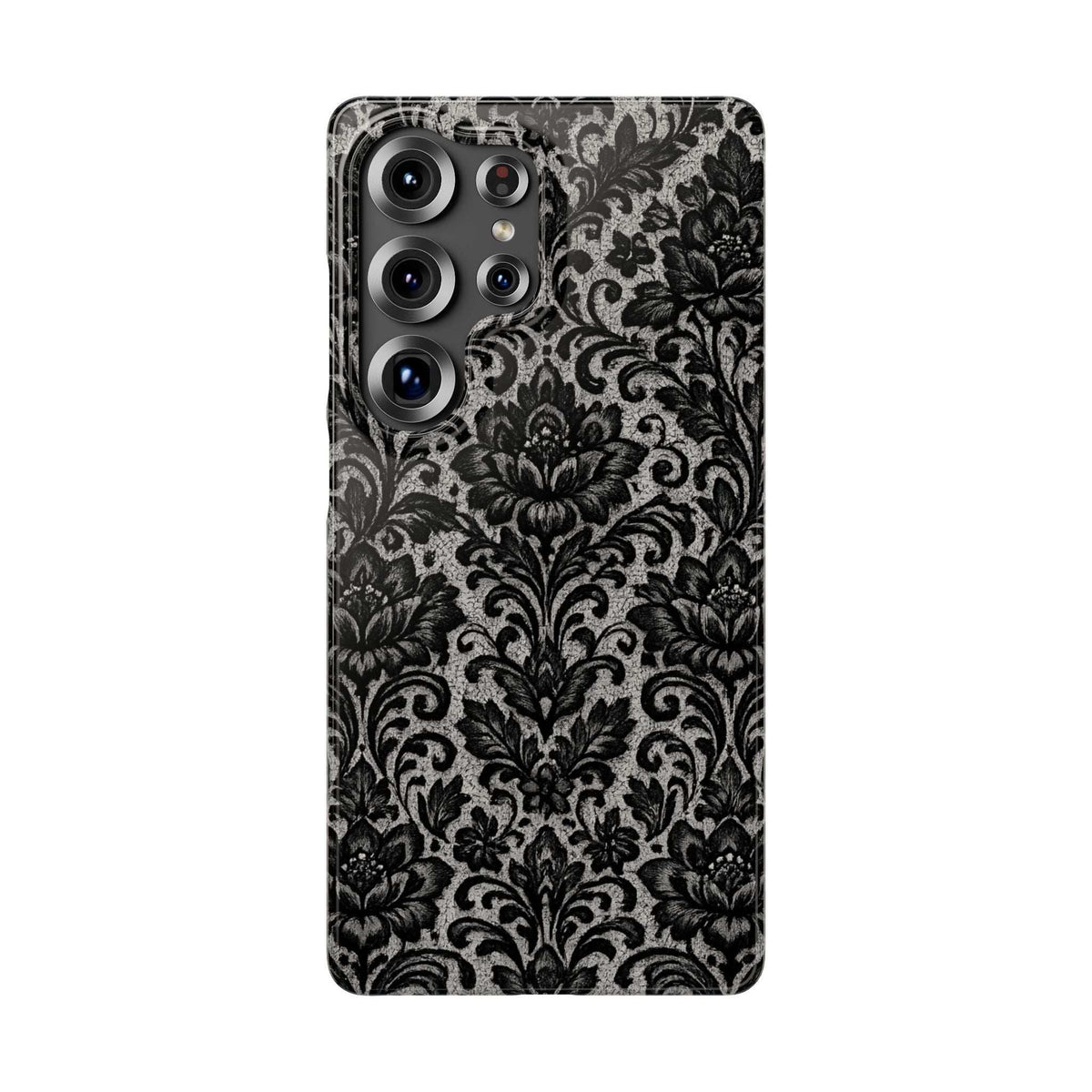 Damask floral phone case with multiple camera openings, black and gray ornamental pattern