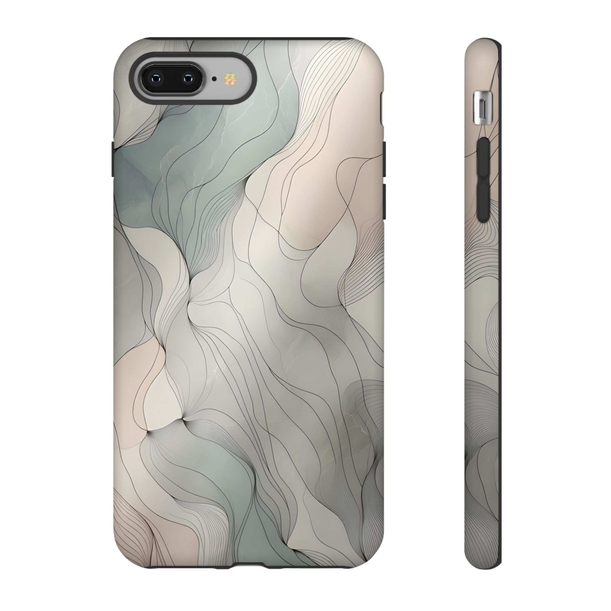 Pastel wave phone case back view and side edge; light blue and cream wavy pattern.