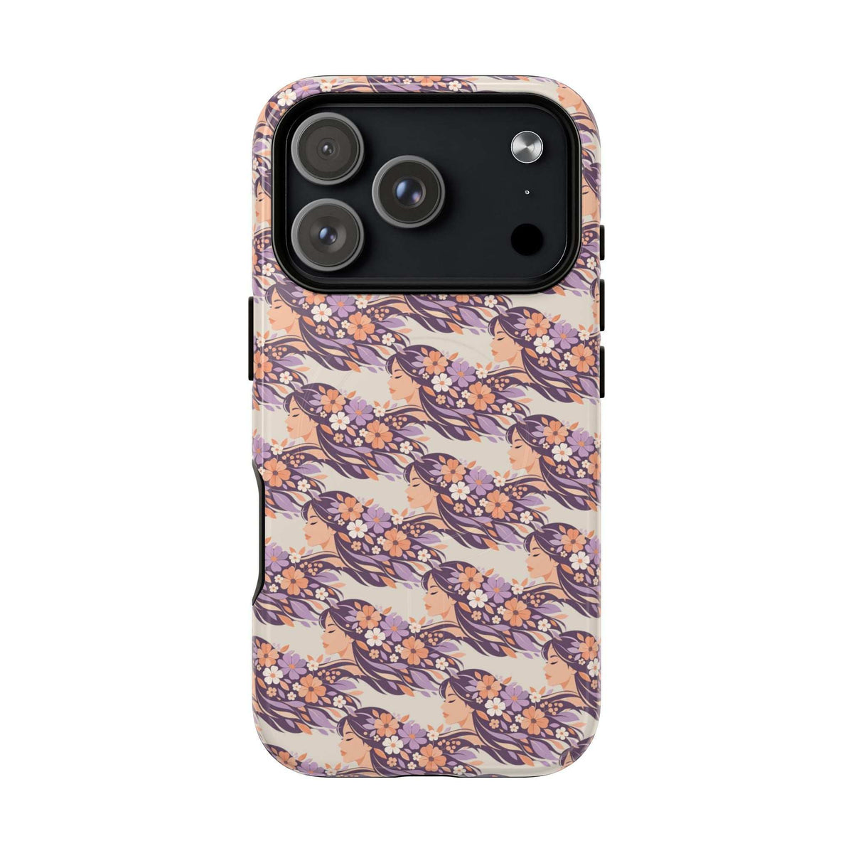 Floral phone case with triple-camera cutout, pink and navy blossom pattern