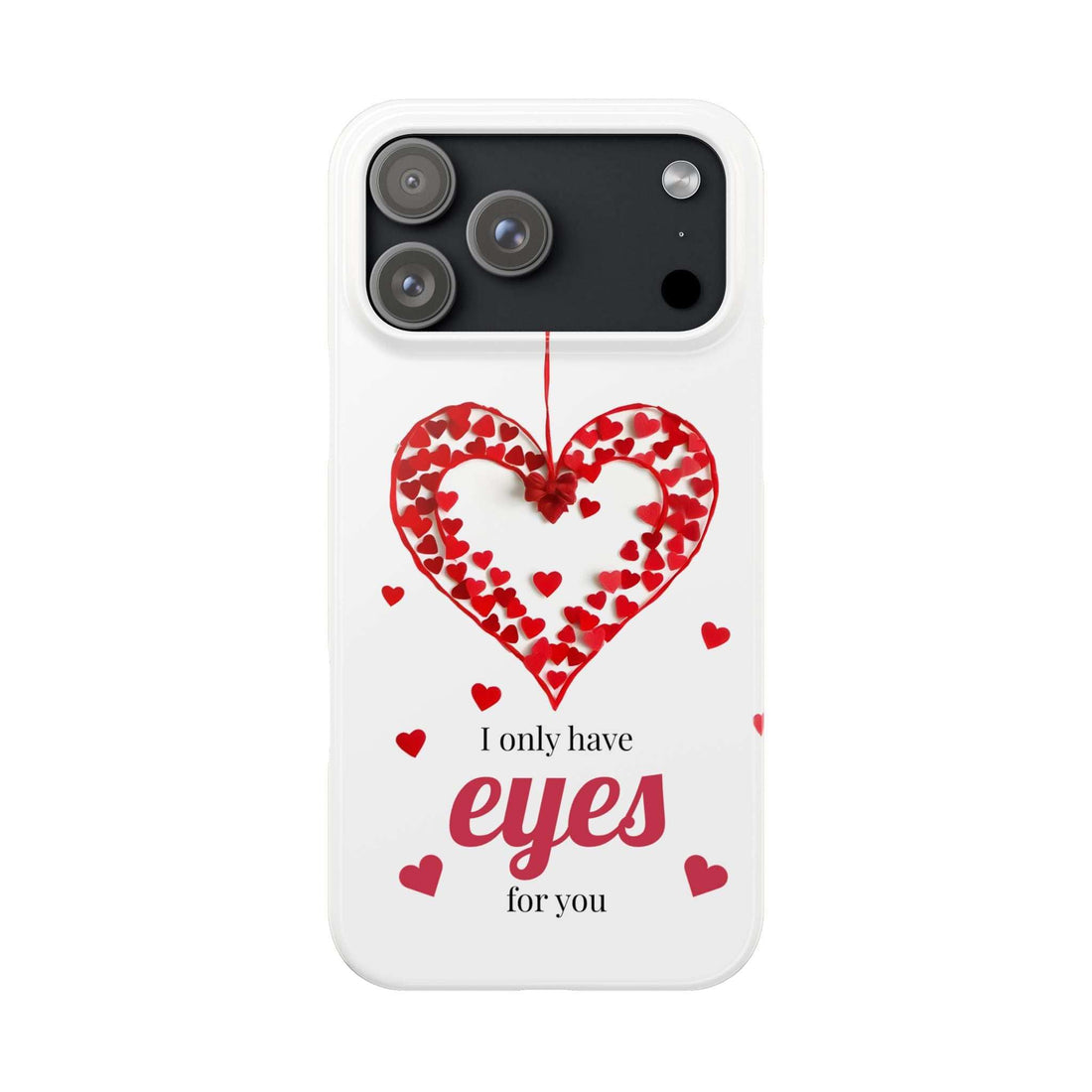 White phone case with red heart graphic and small heart pattern; camera cutouts visible