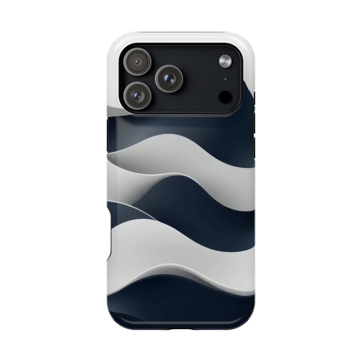 Phone case with dark blue and gray wavy pattern on light background; camera cutouts.